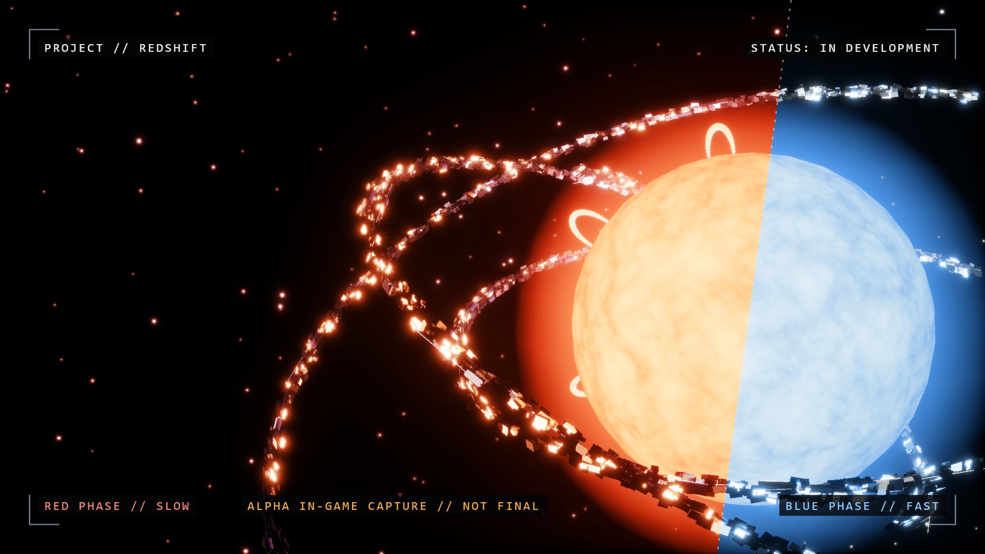 Alpha in-game capture from Project Redshift: a swollen orange star wrapped in glittering rings of megastructure, with the left half of the scene tinted red and the right half blue.
